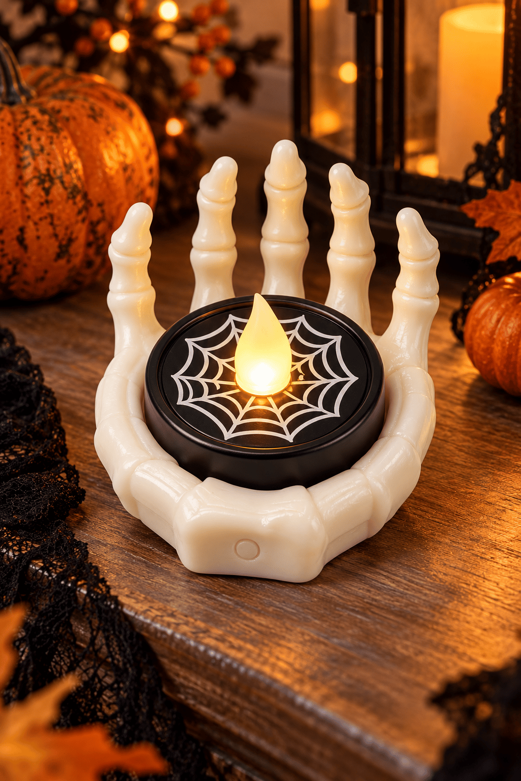 Halloween Işık Led beyaz iskelet el, siyah örümcek ağı desenli model