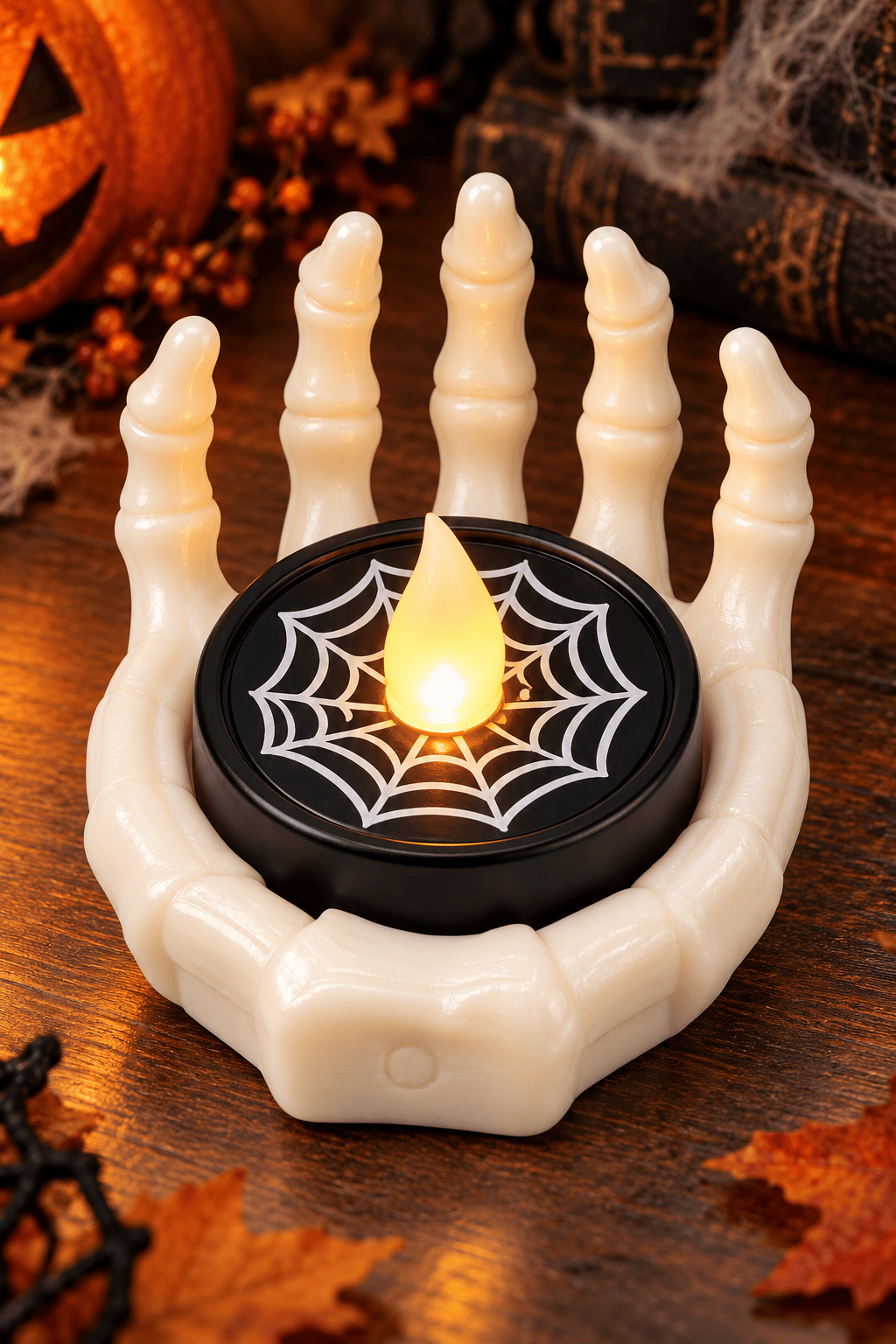 Halloween Işık Led beyaz iskelet el, siyah örümcek ağı desenli model