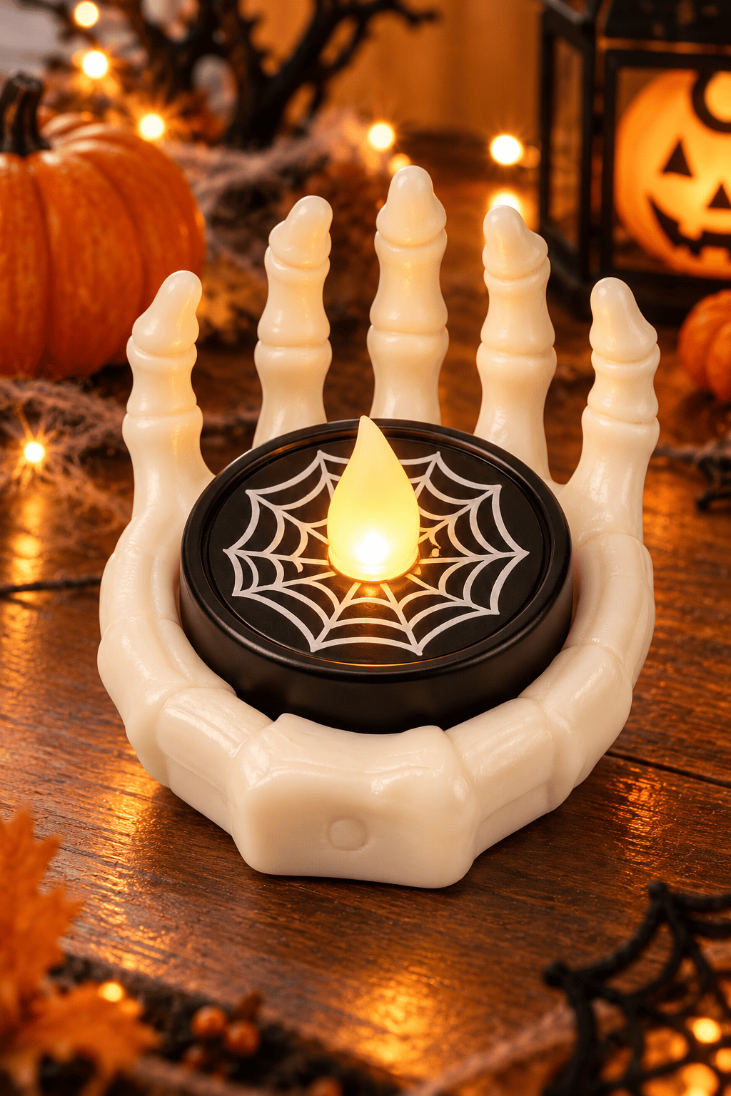 Halloween Işık Led beyaz iskelet el, siyah örümcek ağı desenli model