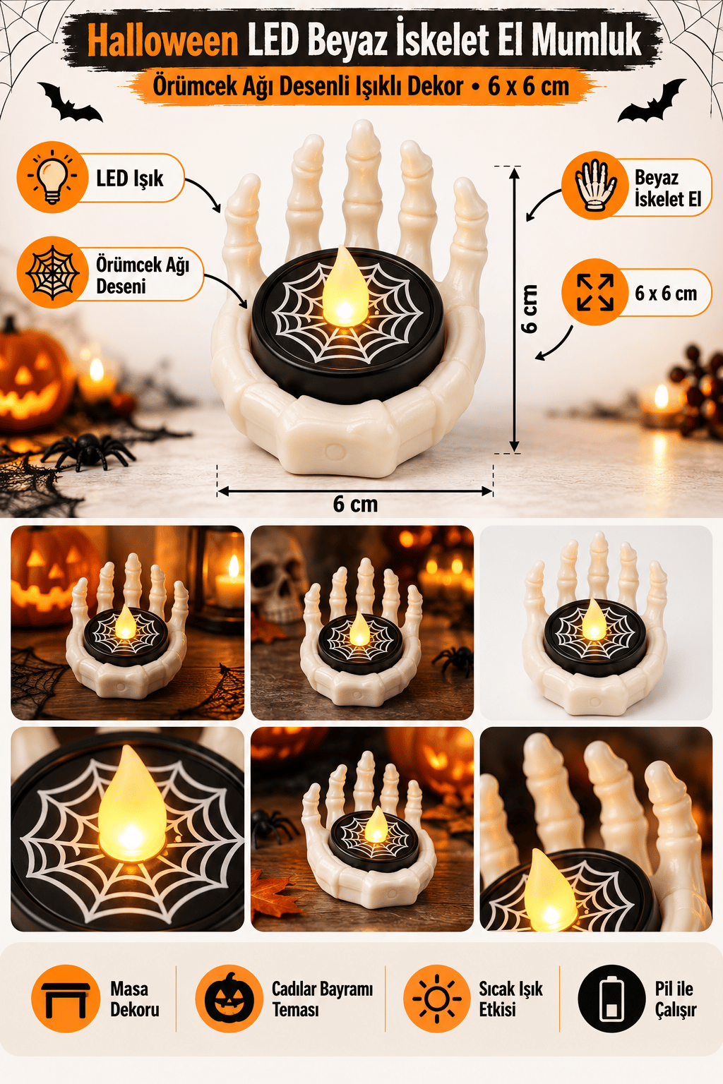 Halloween Işık Led beyaz iskelet el, siyah örümcek ağı desenli model