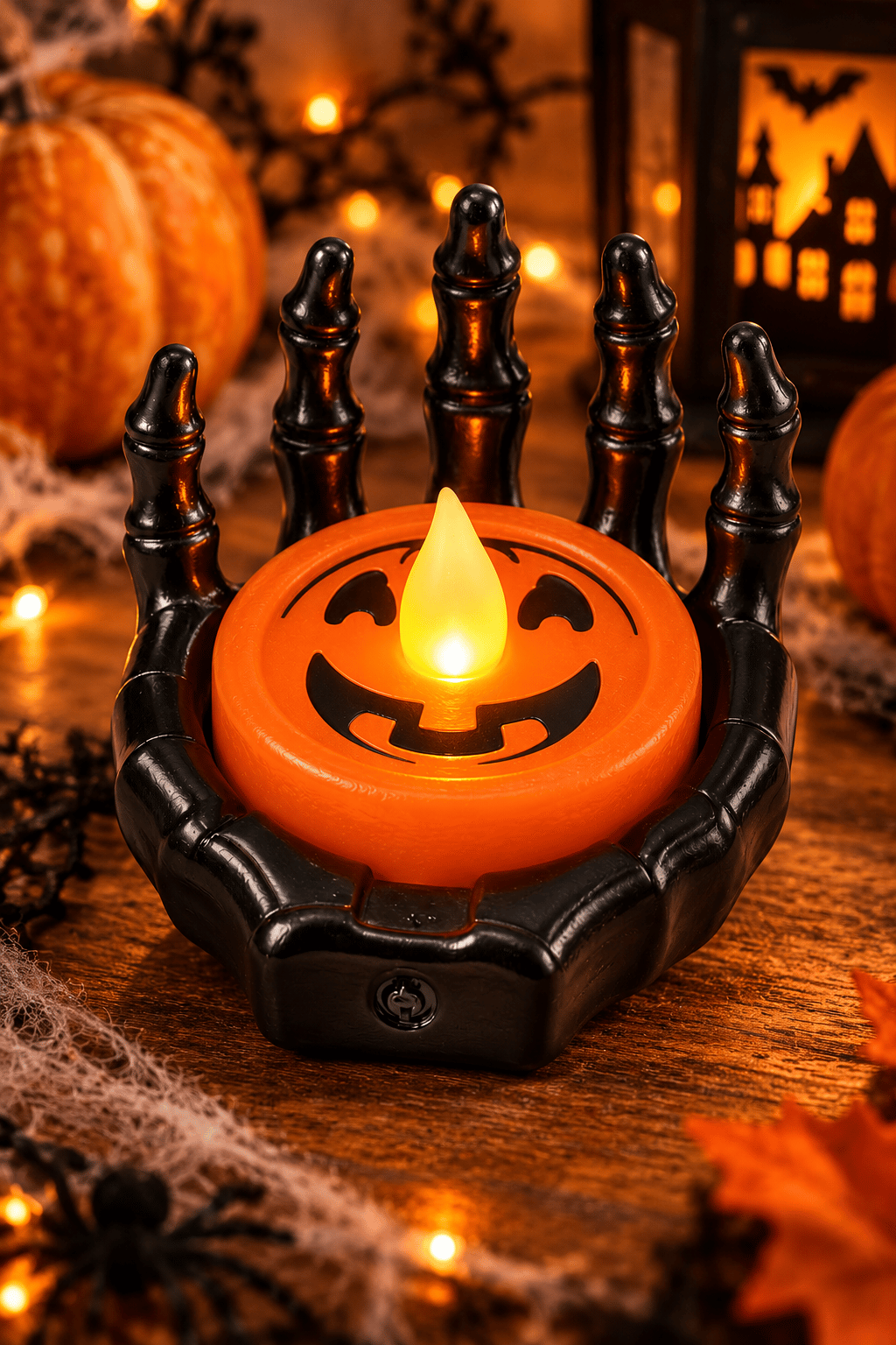 Halloween Işık Led İskelet siyah el, turuncu balkabağı desenli