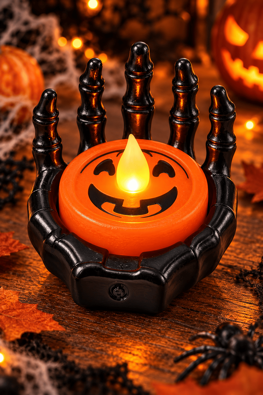 Halloween Işık Led İskelet siyah el, turuncu balkabağı desenli