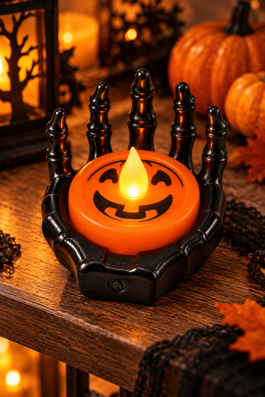 Halloween Işık Led İskelet siyah el, turuncu balkabağı desenli