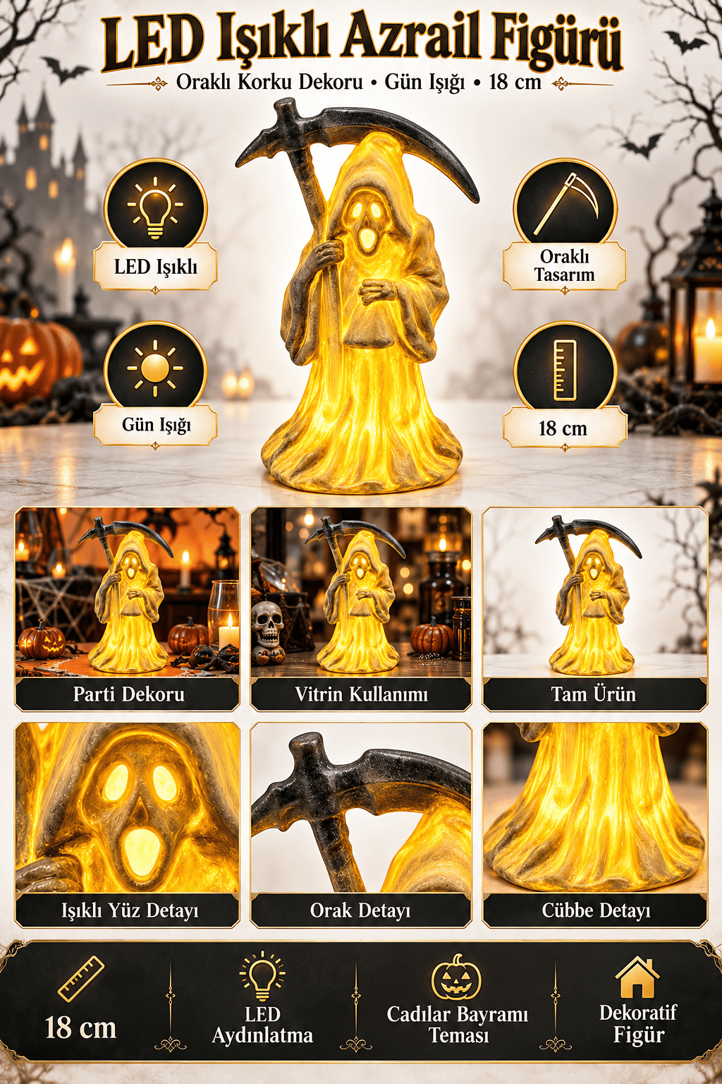 Halloween Işıklı Azrail Figürü Oraklı Korku Dekoru Gün ışığı