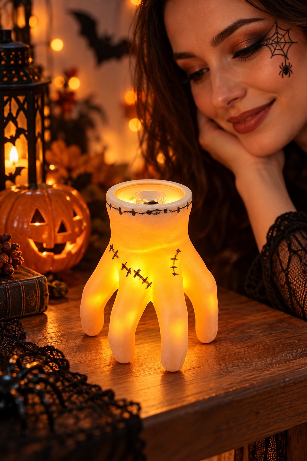 Halloween Işıklı El Dekoru Dikiş Detaylı Turuncu LED El Süsü