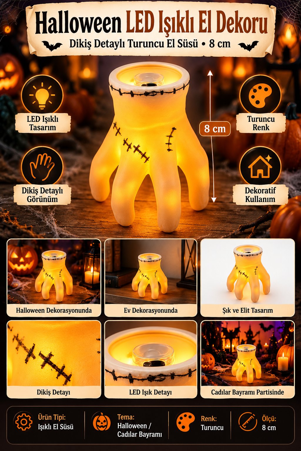 Halloween Işıklı El Dekoru Dikiş Detaylı Turuncu LED El Süsü
