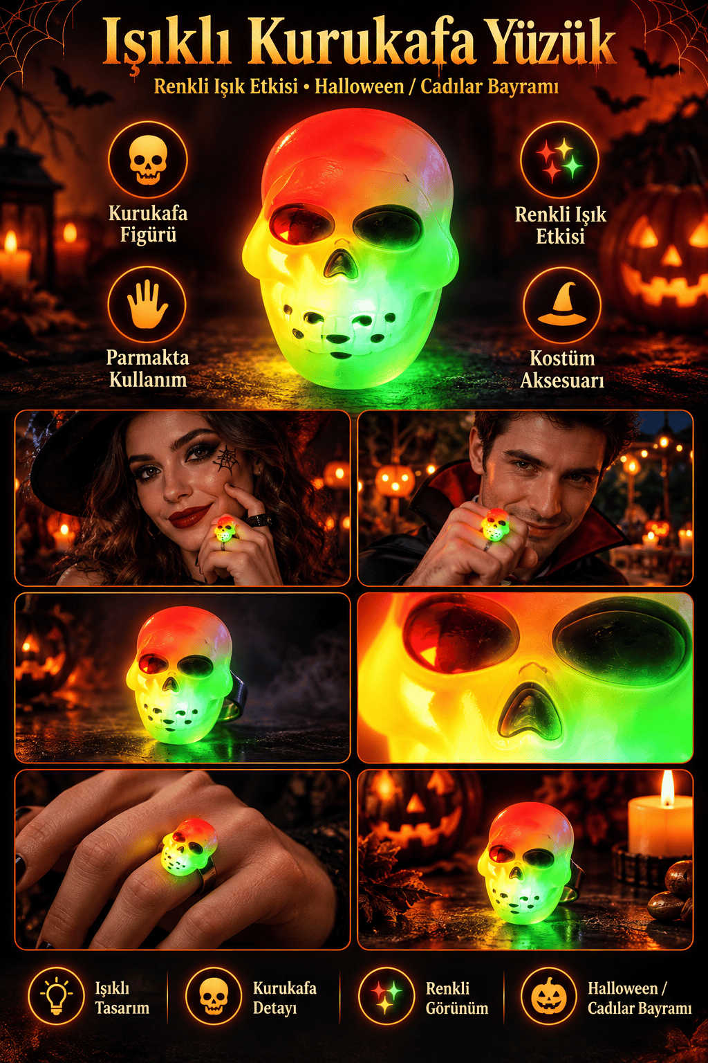 Halloween Işıklı Halloween Yüzüğü Kuru Kafa