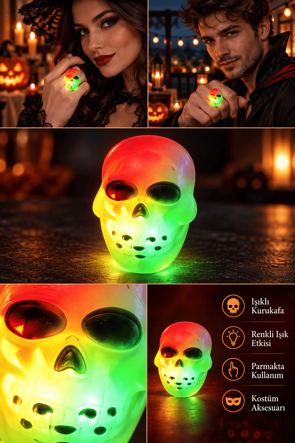 Halloween Işıklı Halloween Yüzüğü Kuru Kafa