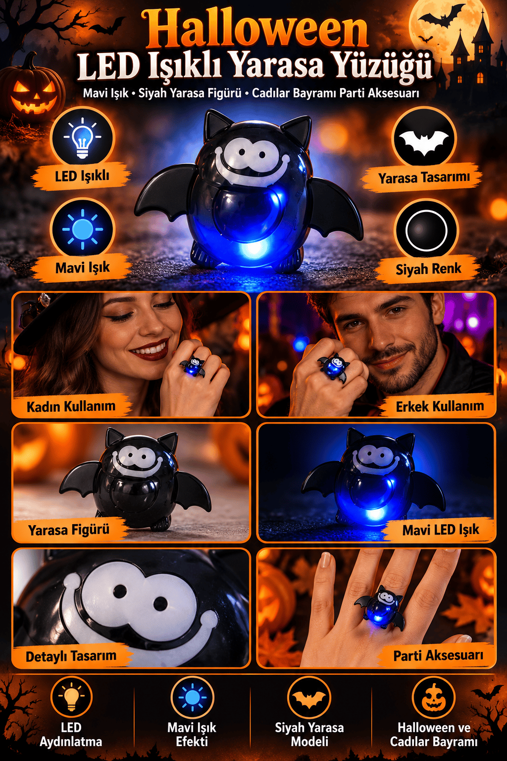 Halloween Işıklı Halloween Yüzüğü YARASA