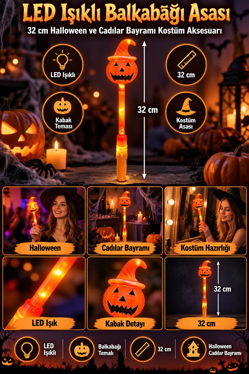 Halloween Işıklı Kabak Asa 32 cm LED Cadılar Bayramı