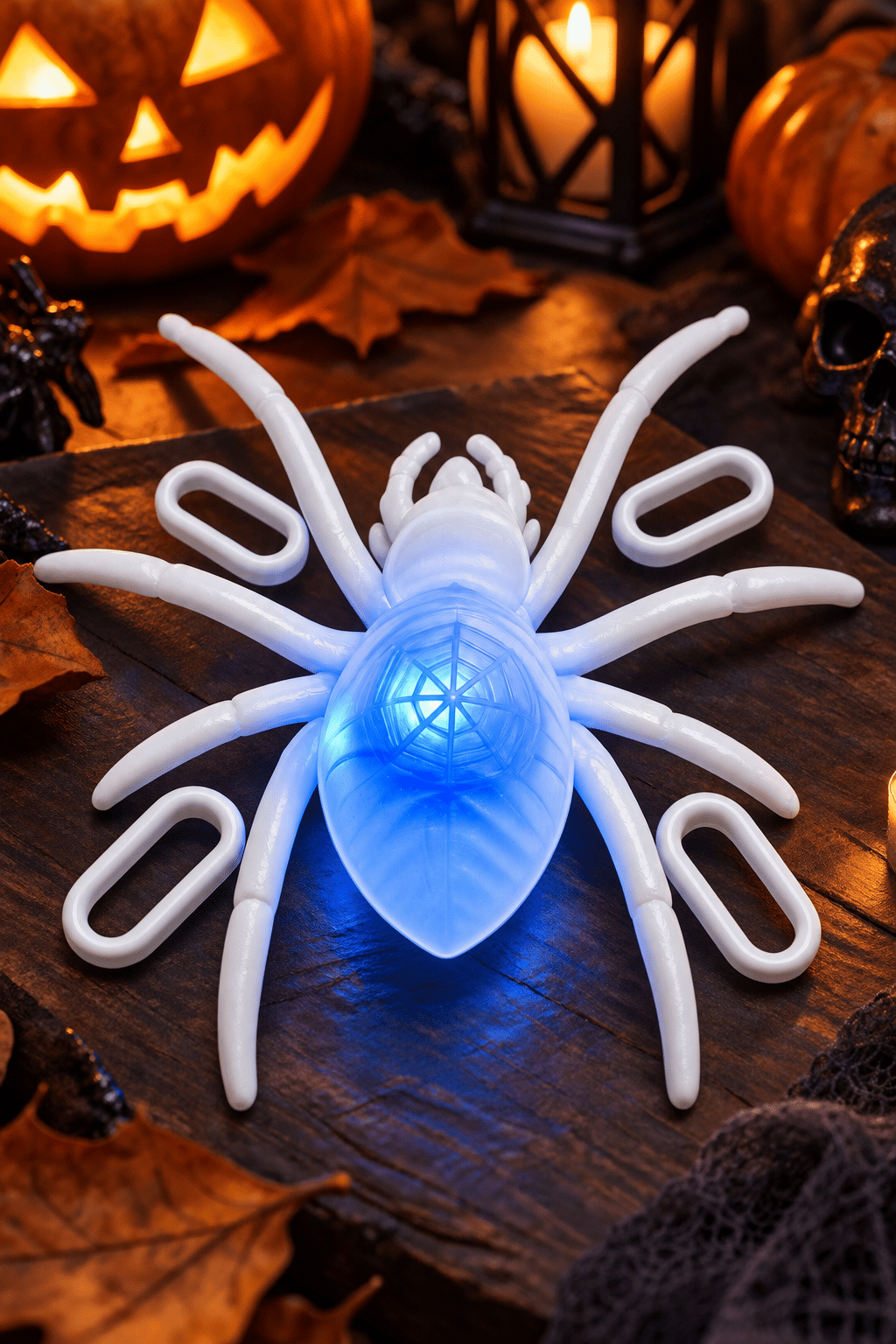Halloween Işıklı Led Örümcek  Beyaz 16x15 cm Cadılar Bayramı Dekor Süsü