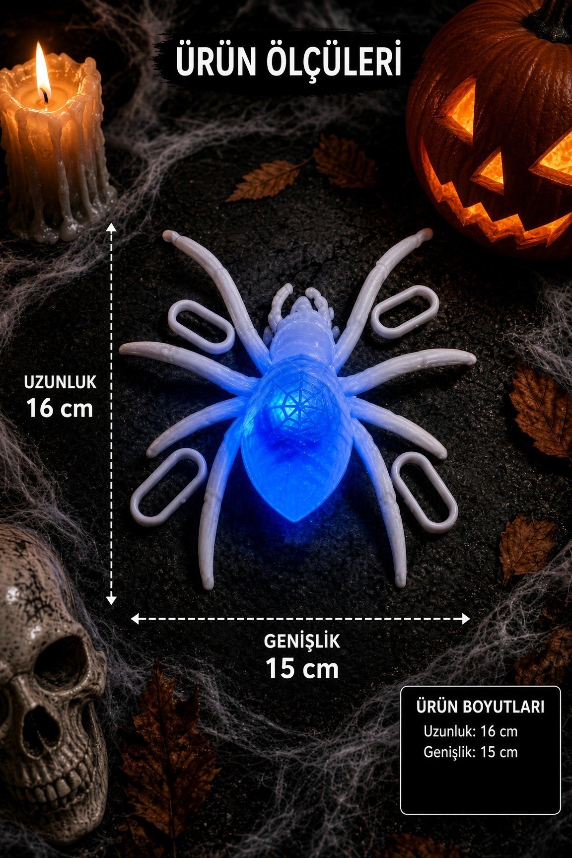 Halloween Işıklı Led Örümcek  Beyaz 16x15 cm Cadılar Bayramı Dekor Süsü