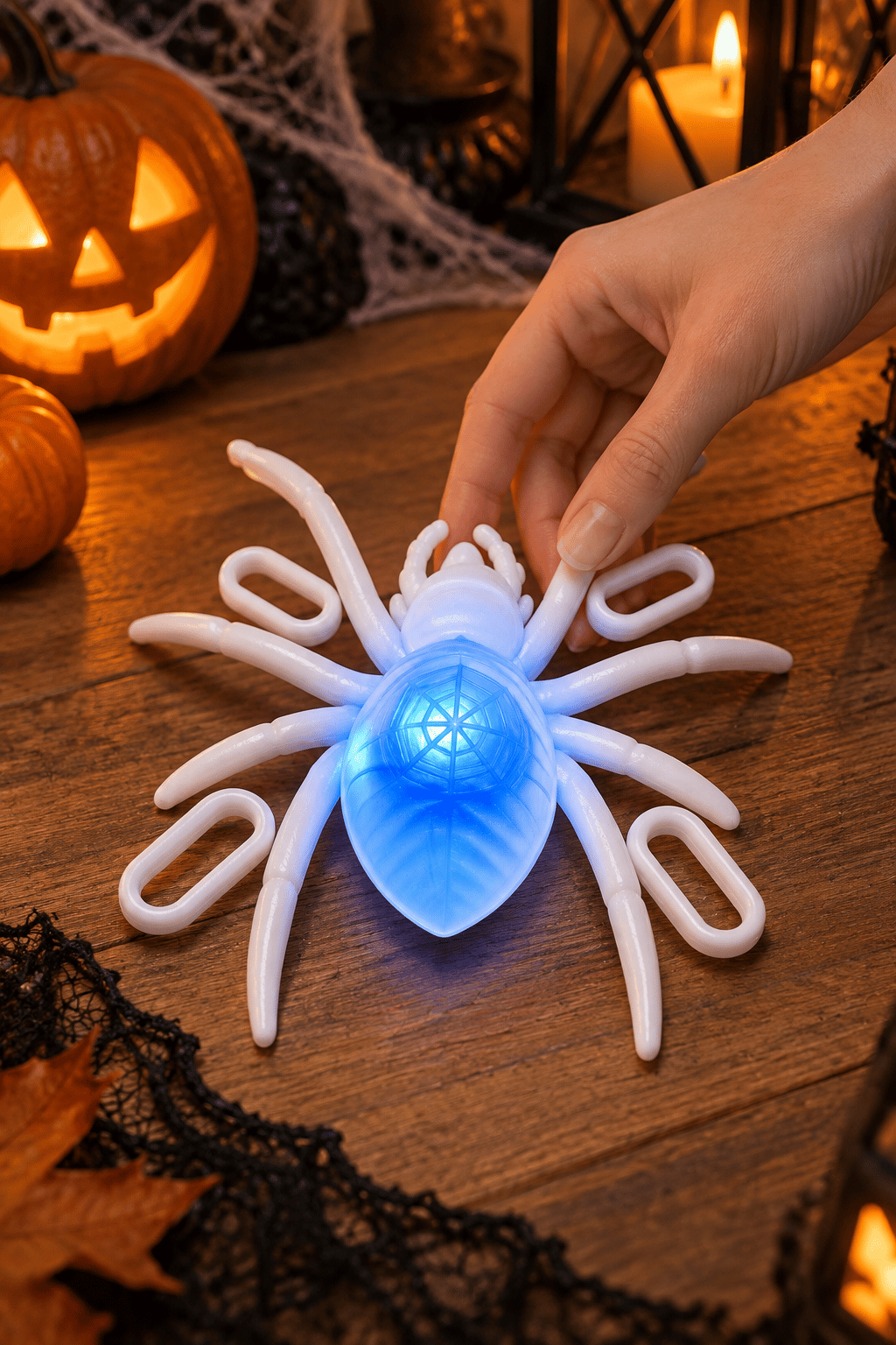Halloween Işıklı Led Örümcek  Beyaz 16x15 cm Cadılar Bayramı Dekor Süsü