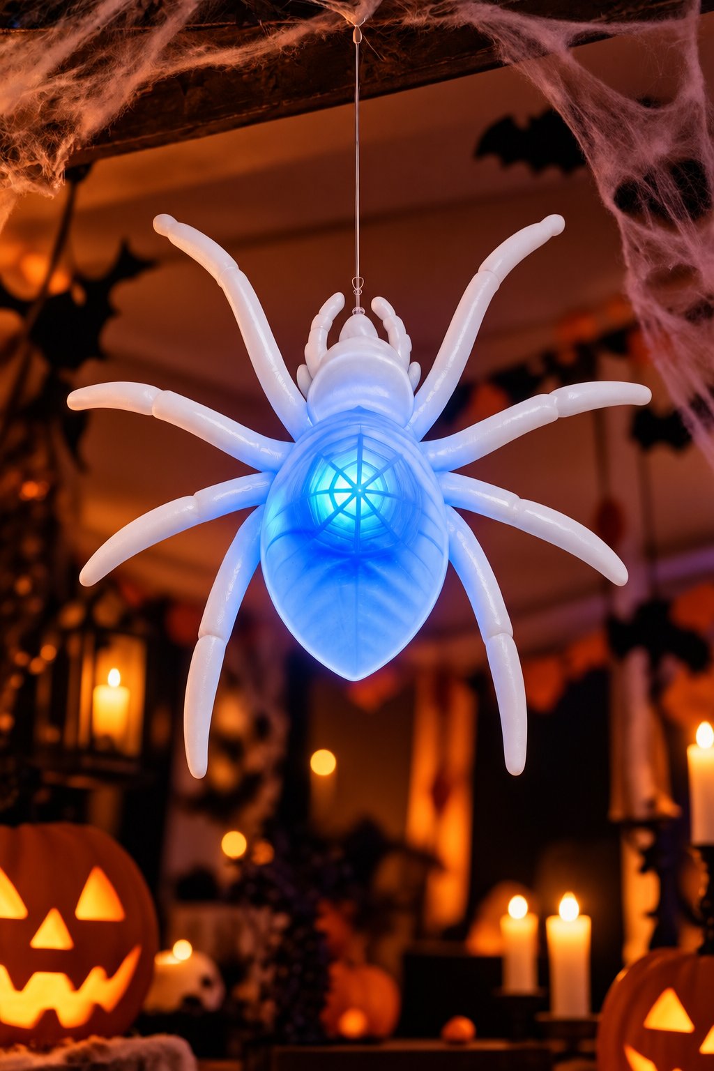 Halloween Işıklı Led Örümcek  Beyaz 16x15 cm Cadılar Bayramı Dekor Süsü