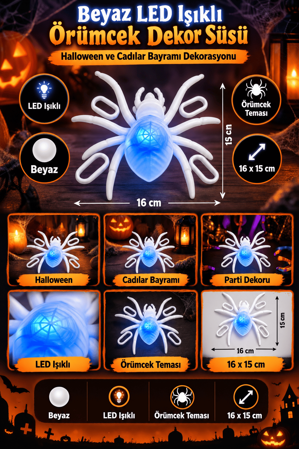 Halloween Işıklı Led Örümcek  Beyaz 16x15 cm Cadılar Bayramı Dekor Süsü