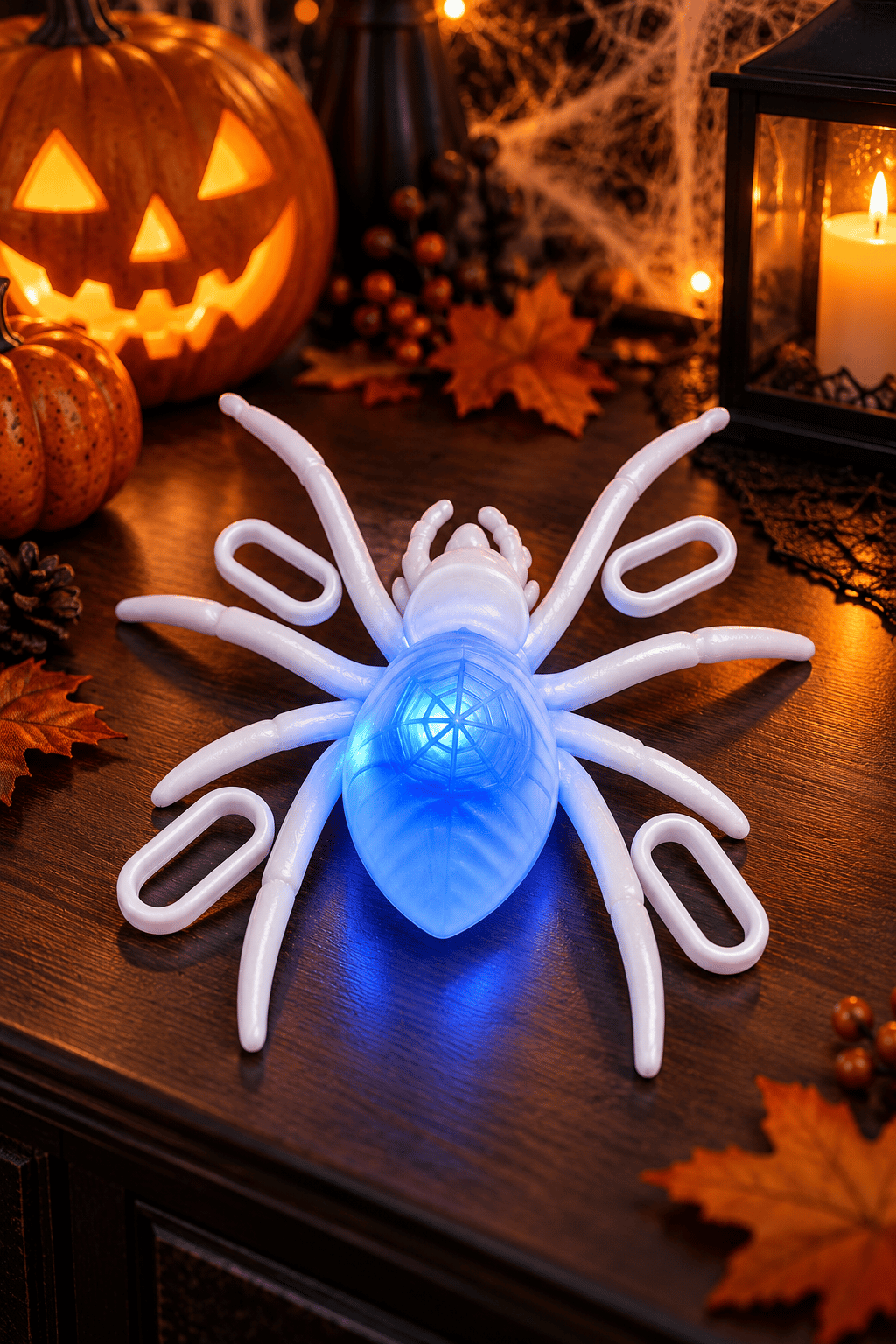 Halloween Işıklı Led Örümcek  Beyaz 16x15 cm Cadılar Bayramı Dekor Süsü
