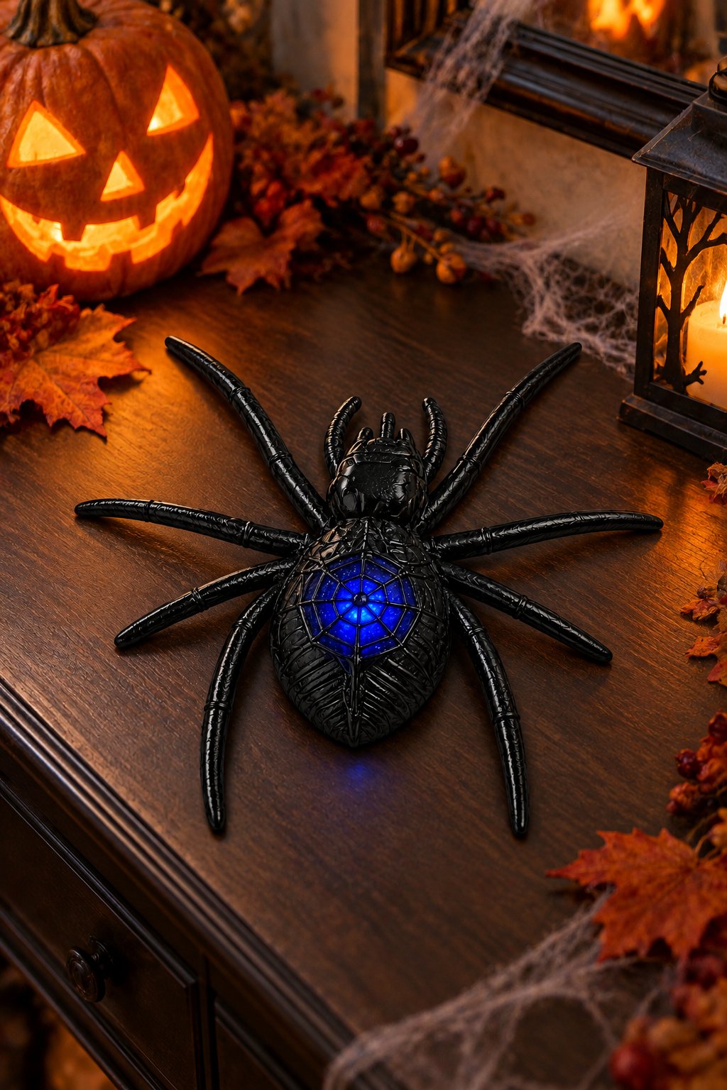 Halloween Işıklı Led Örümcek  Siyah 16x15 cm Cadılar Bayramı Dekor Süsü