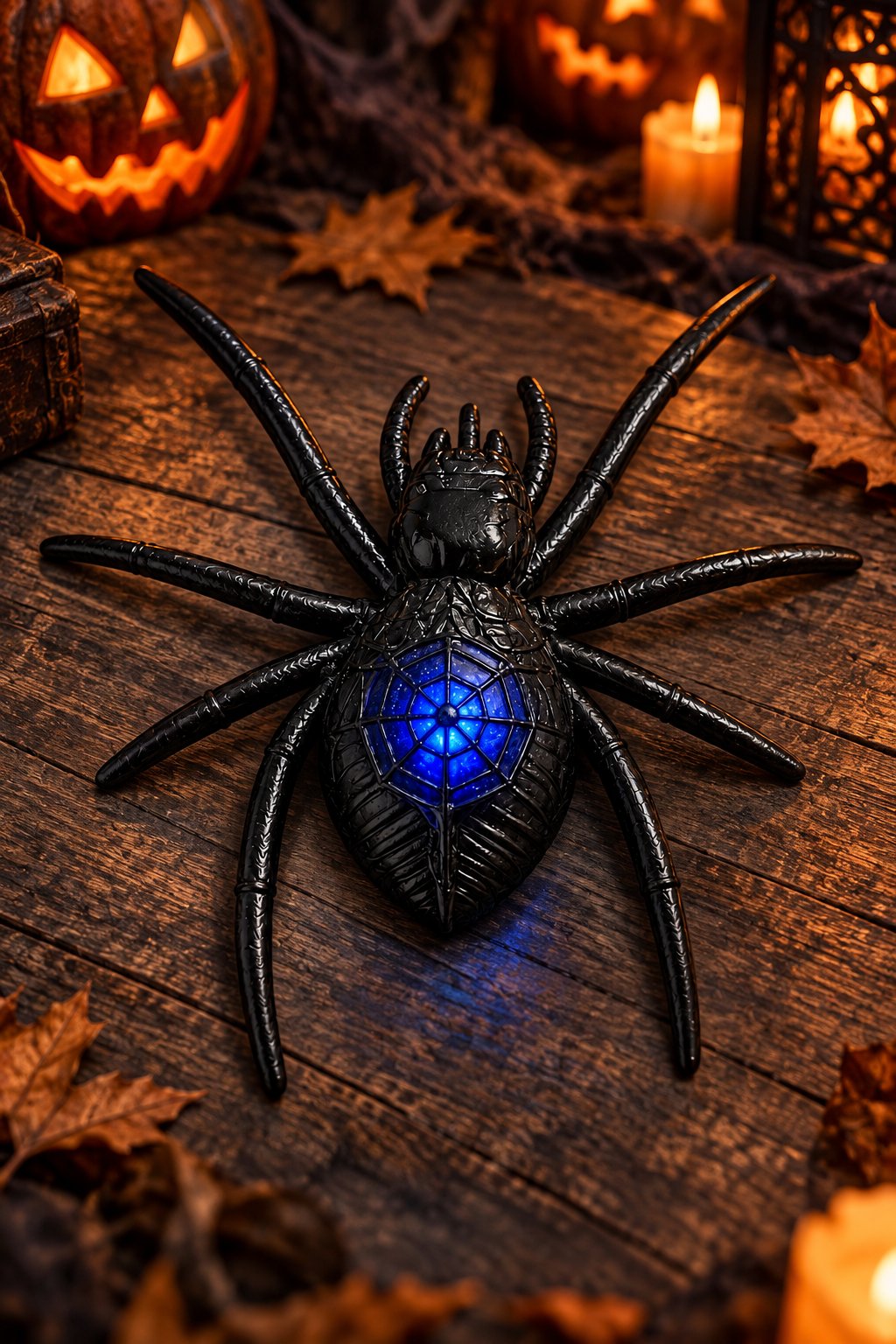 Halloween Işıklı Led Örümcek  Siyah 16x15 cm Cadılar Bayramı Dekor Süsü