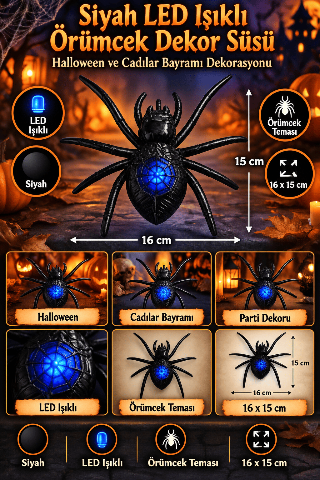 Halloween Işıklı Led Örümcek  Siyah 16x15 cm Cadılar Bayramı Dekor Süsü