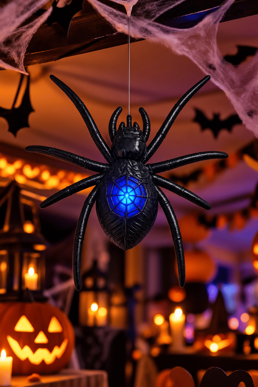 Halloween Işıklı Led Örümcek  Siyah 16x15 cm Cadılar Bayramı Dekor Süsü