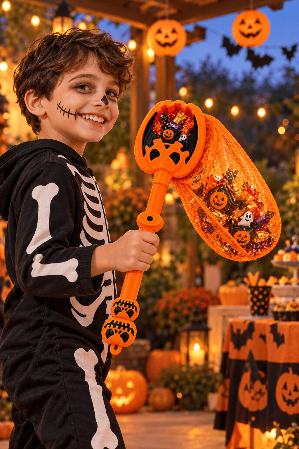 Halloween Işıklı Sesli Şeker Toplama Oyuncağı Balkabağı Tasarımlı Fileli Çanta