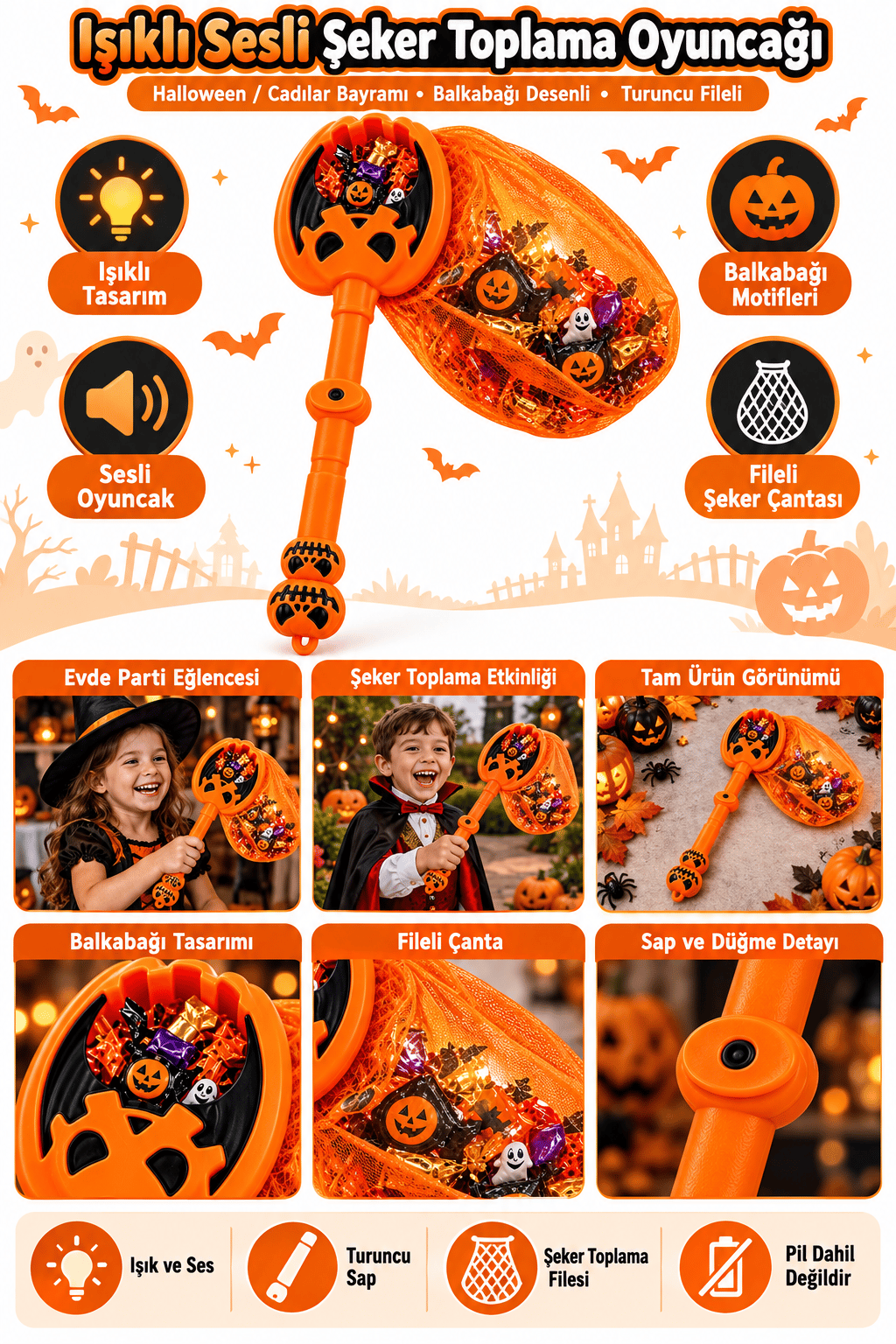 Halloween Işıklı Sesli Şeker Toplama Oyuncağı Balkabağı Tasarımlı Fileli Çanta
