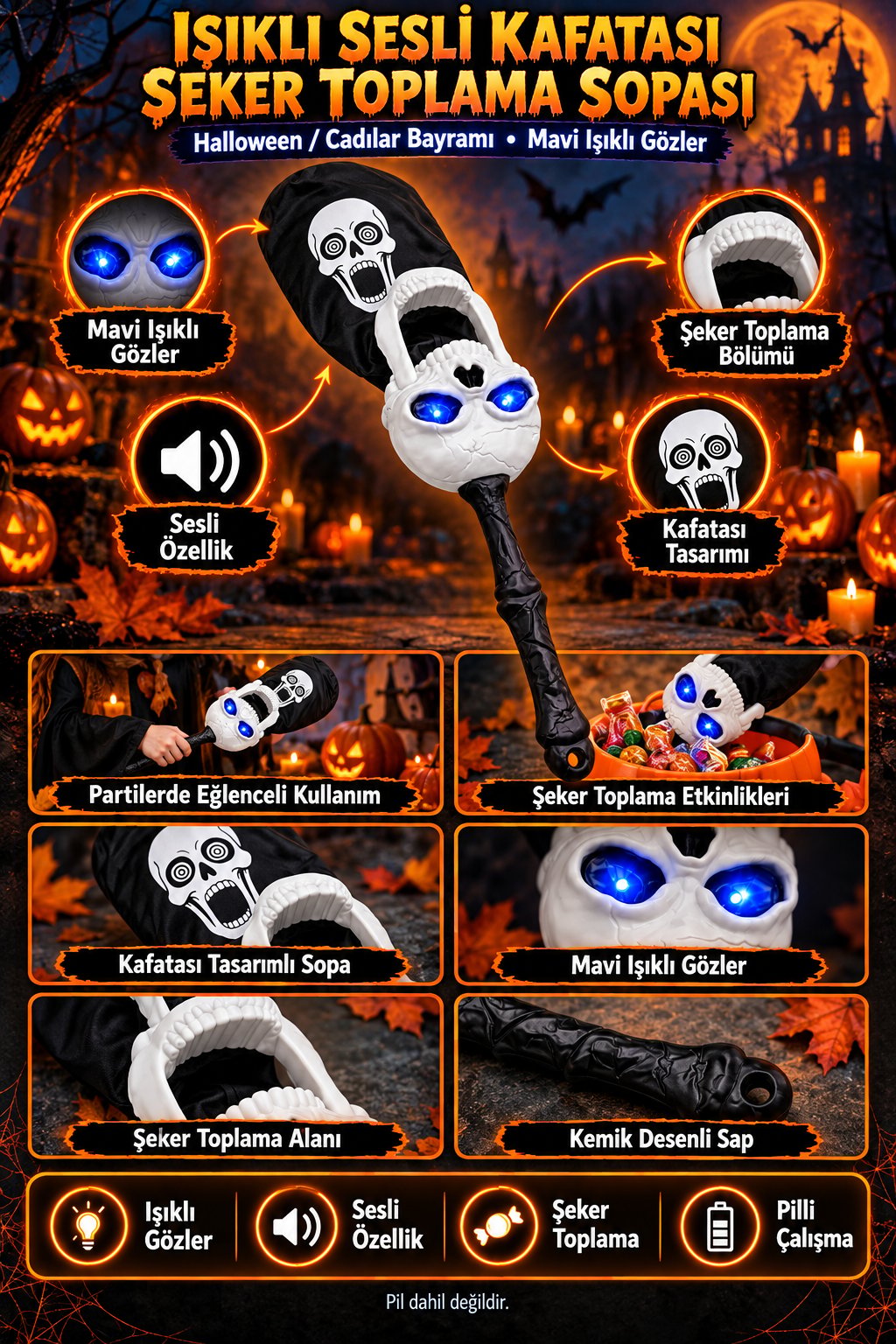 Halloween Işıklı Sesli Şeker Toplama Sopası Kafatası Tasarımlı Pilli Çocuk Şeker Toplama Aksesuarı