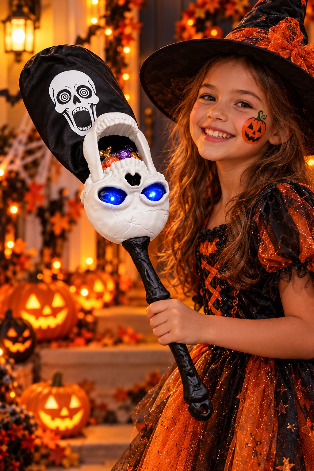 Halloween Işıklı Sesli Şeker Toplama Sopası Kafatası Tasarımlı Pilli Çocuk Şeker Toplama Aksesuarı