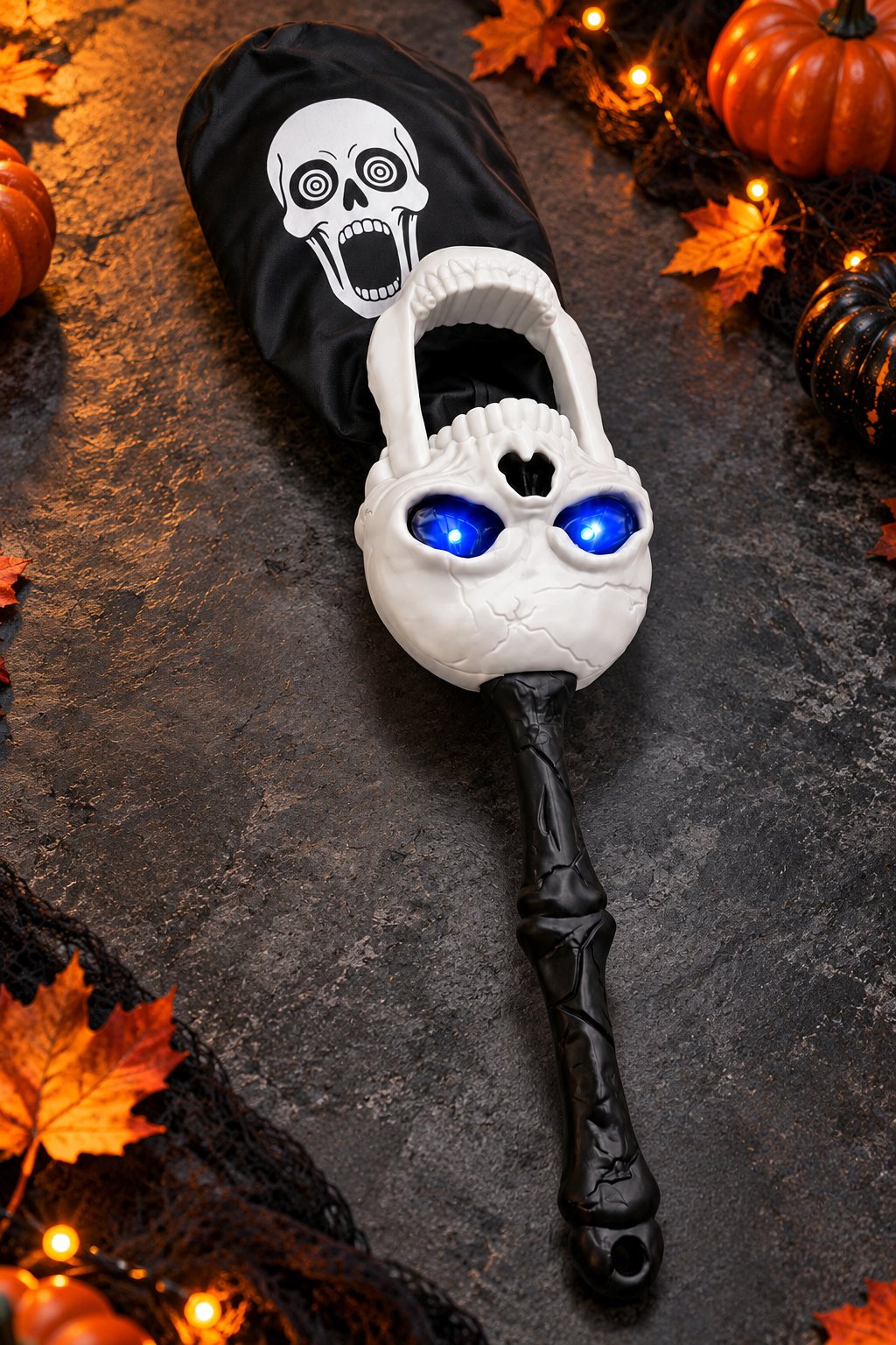 Halloween Işıklı Sesli Şeker Toplama Sopası Kafatası Tasarımlı Pilli Çocuk Şeker Toplama Aksesuarı