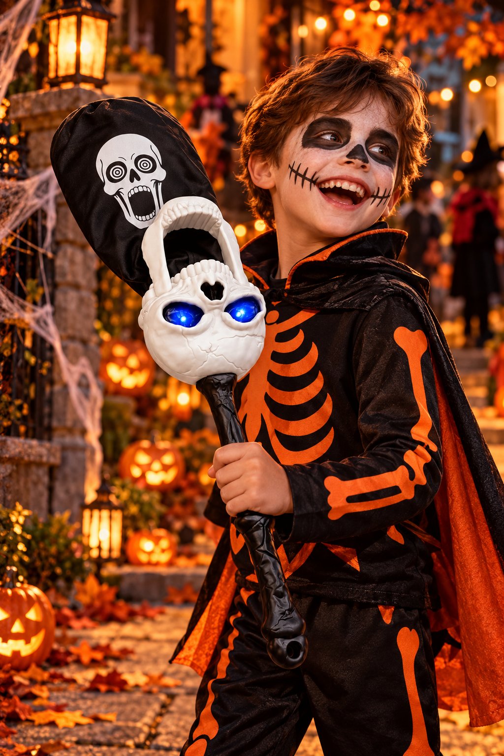 Halloween Işıklı Sesli Şeker Toplama Sopası Kafatası Tasarımlı Pilli Çocuk Şeker Toplama Aksesuarı
