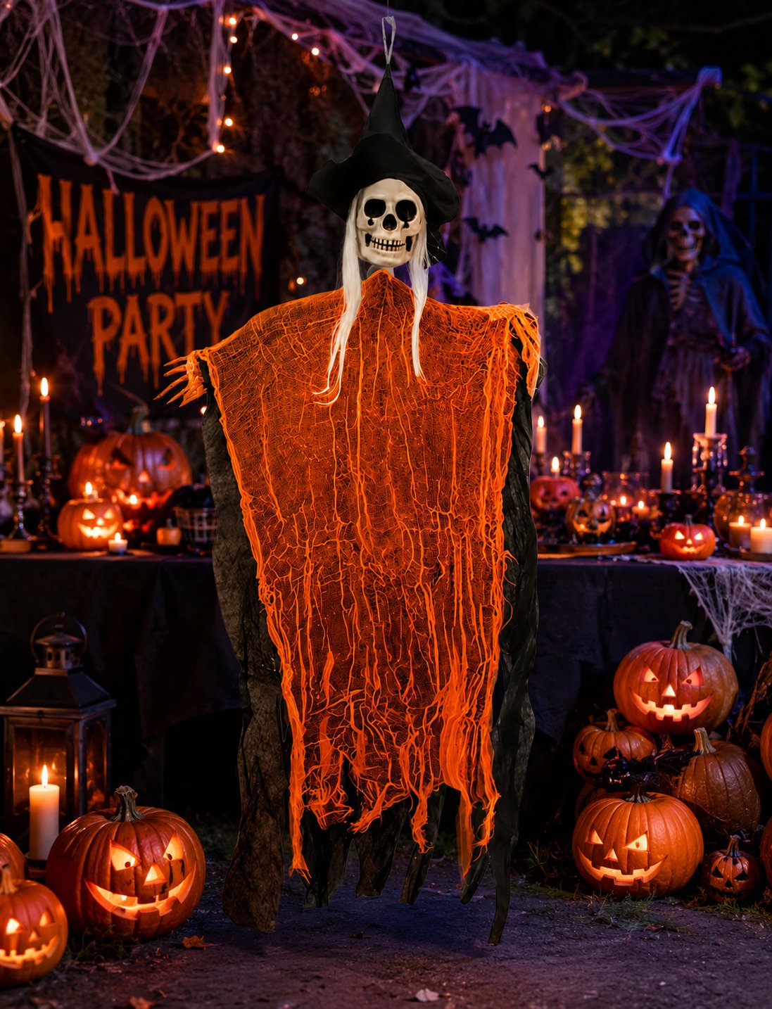 Halloween İskelet Korkuluk Şapkalı Saçlı 100 Cm TURUNCU