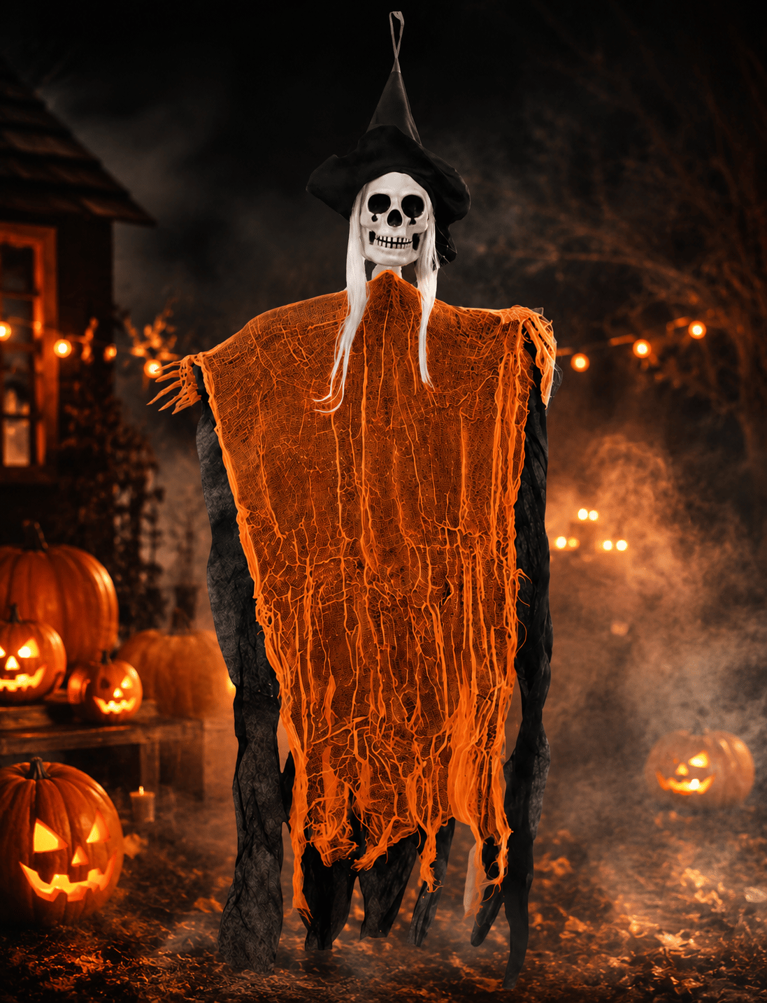 Halloween İskelet Korkuluk Şapkalı Saçlı 100 Cm TURUNCU