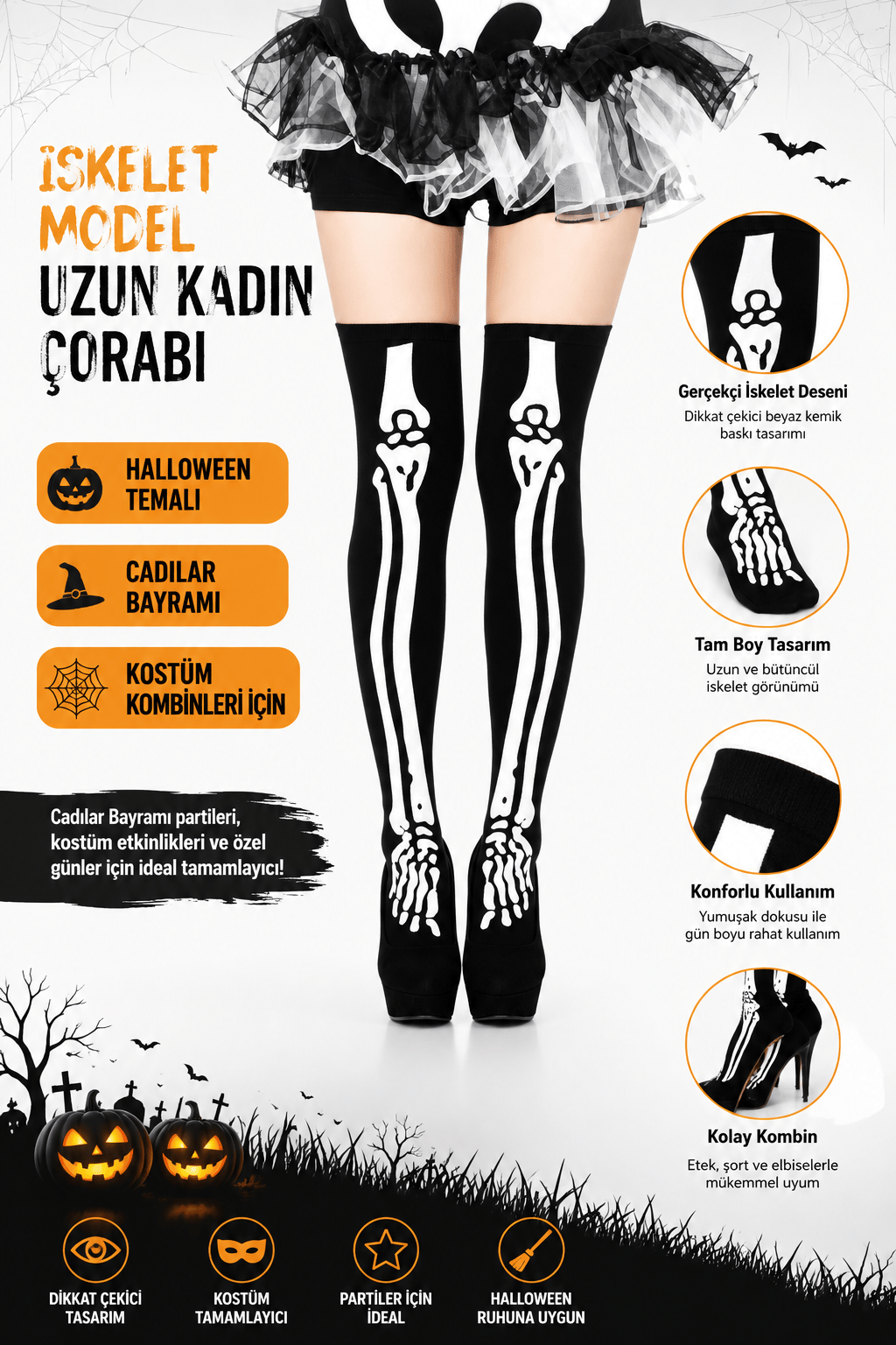 Halloween İskelet Model Uzun Kadın Çorabı