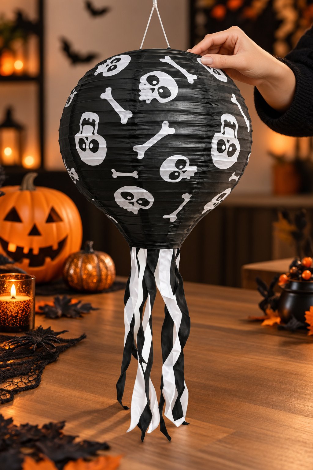 Halloween Japon feneri  Kuru Kafa Desenli Kağıt Fener Süsü