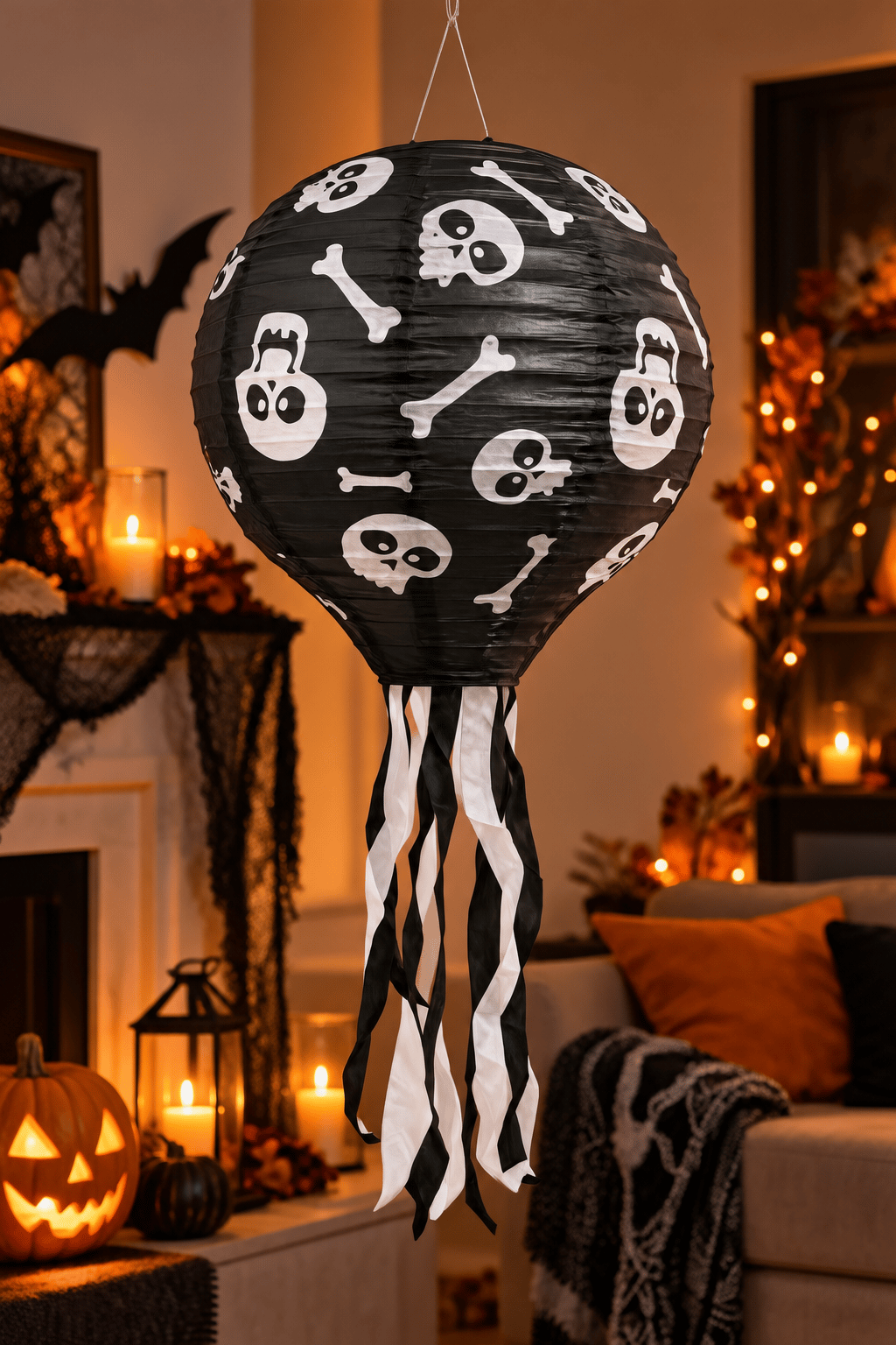 Halloween Japon feneri  Kuru Kafa Desenli Kağıt Fener Süsü