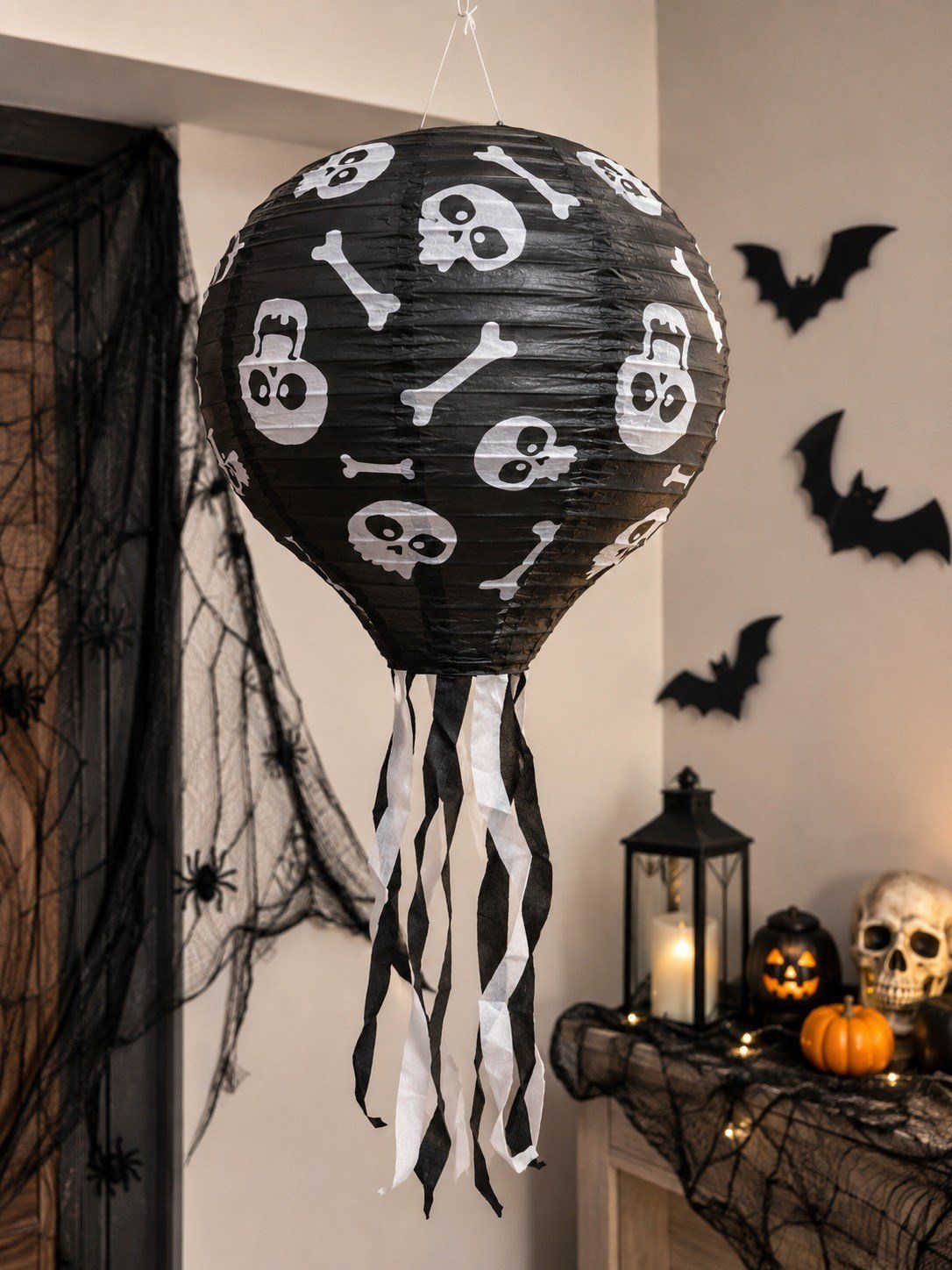 Halloween Japon feneri  Kuru Kafa Desenli Kağıt Fener Süsü