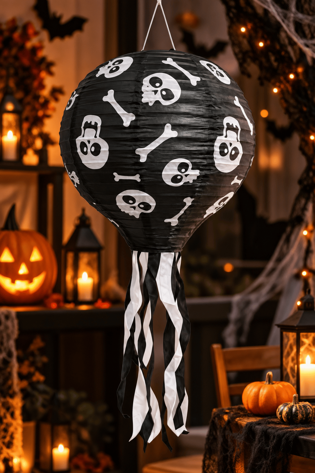 Halloween Japon feneri  Kuru Kafa Desenli Kağıt Fener Süsü