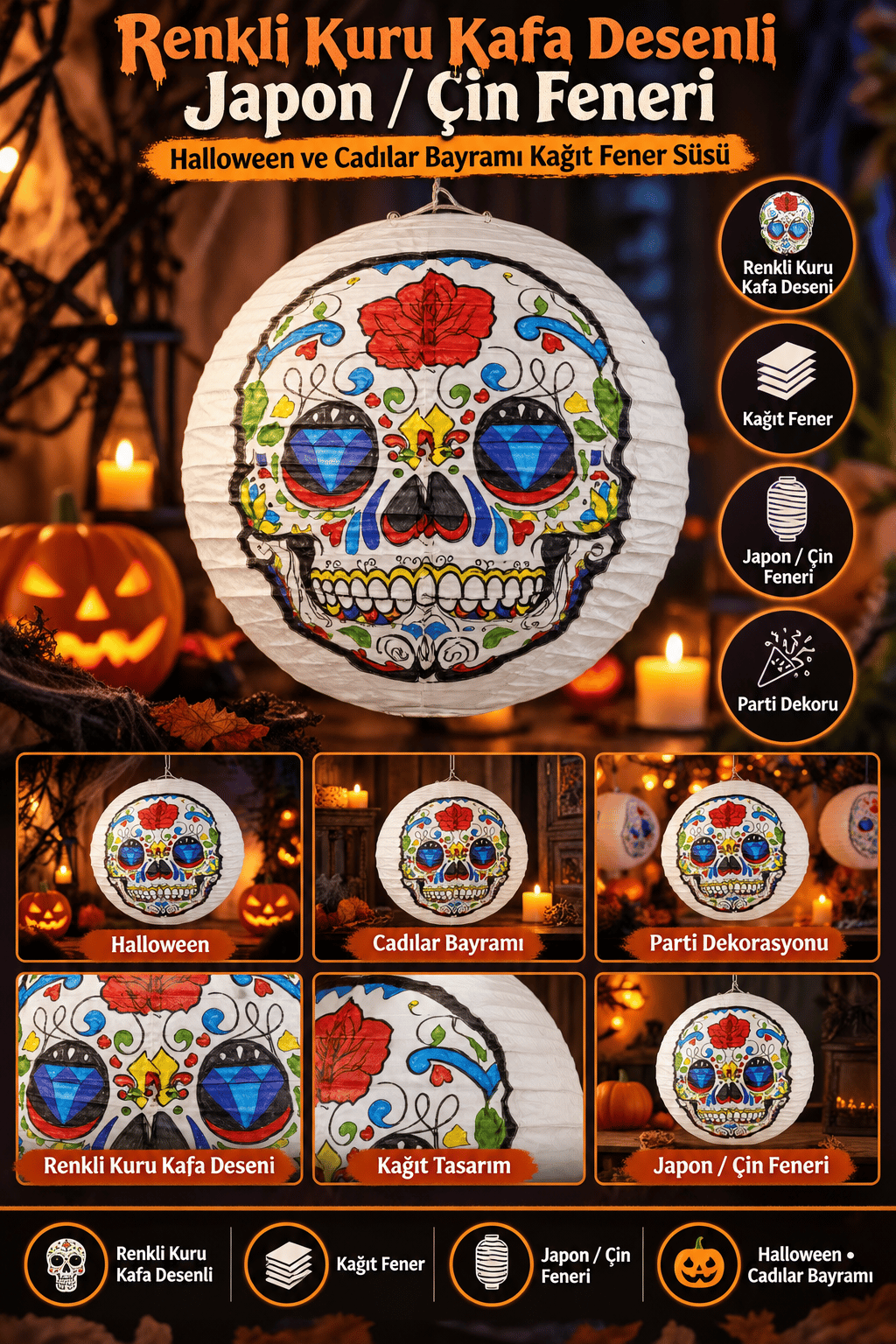 Halloween Japon feneri renkli  Kuru Kafa Desenli Kağıt Fener Süsü