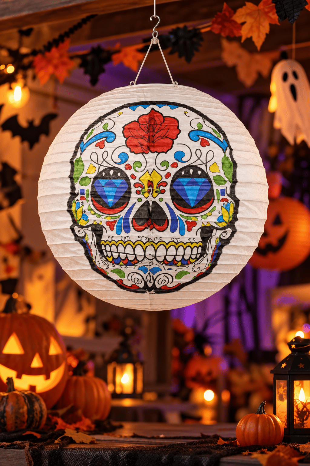 Halloween Japon feneri renkli  Kuru Kafa Desenli Kağıt Fener Süsü