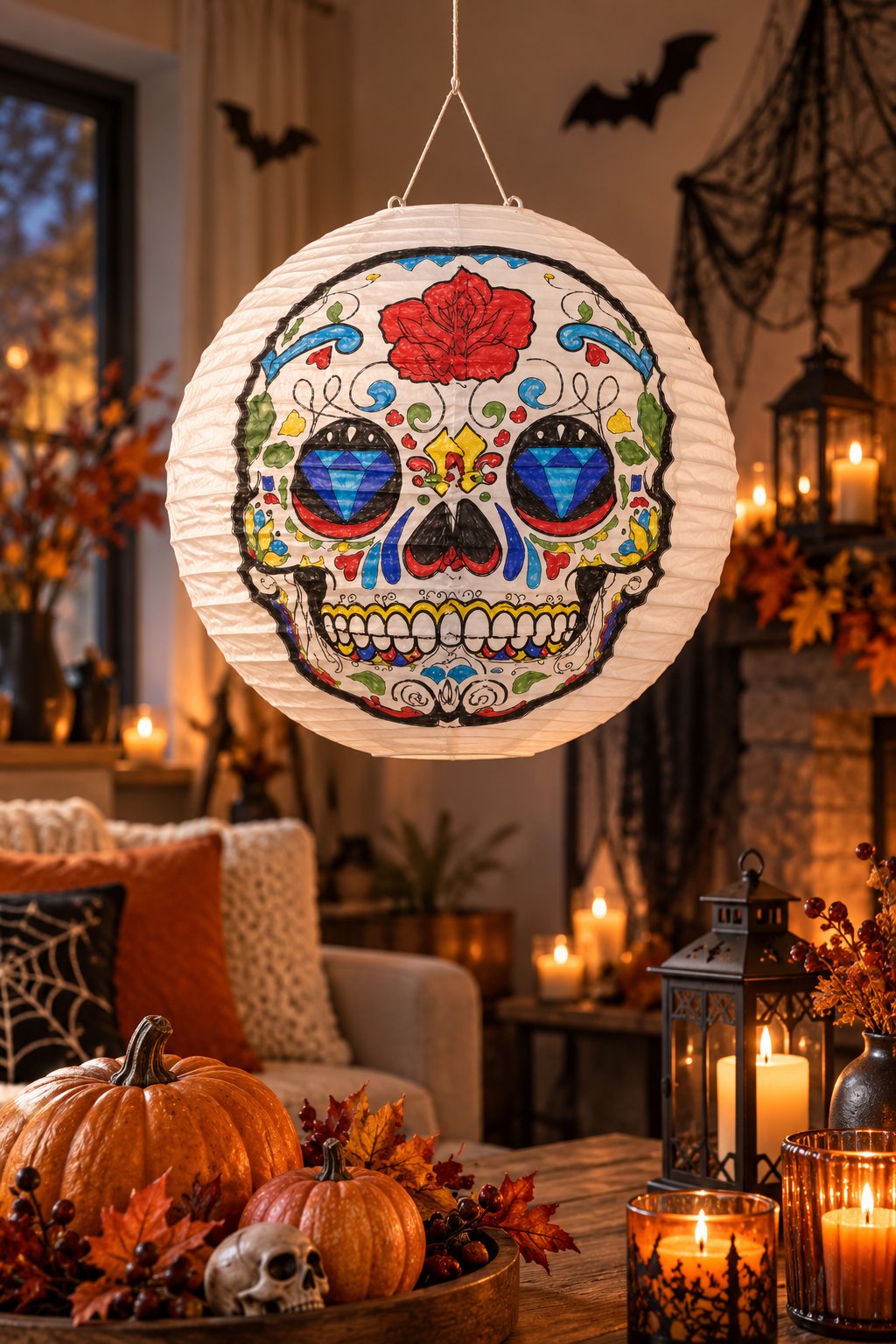 Halloween Japon feneri renkli  Kuru Kafa Desenli Kağıt Fener Süsü