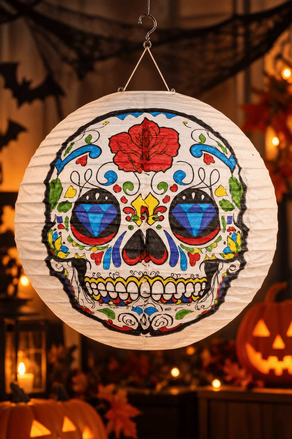 Halloween Japon feneri renkli  Kuru Kafa Desenli Kağıt Fener Süsü