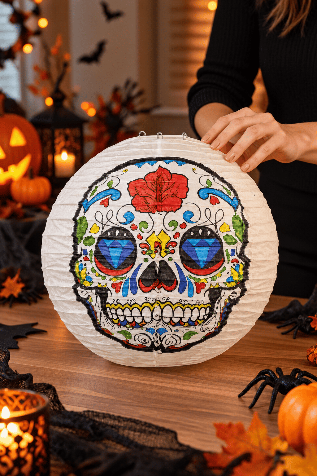 Halloween Japon feneri renkli  Kuru Kafa Desenli Kağıt Fener Süsü