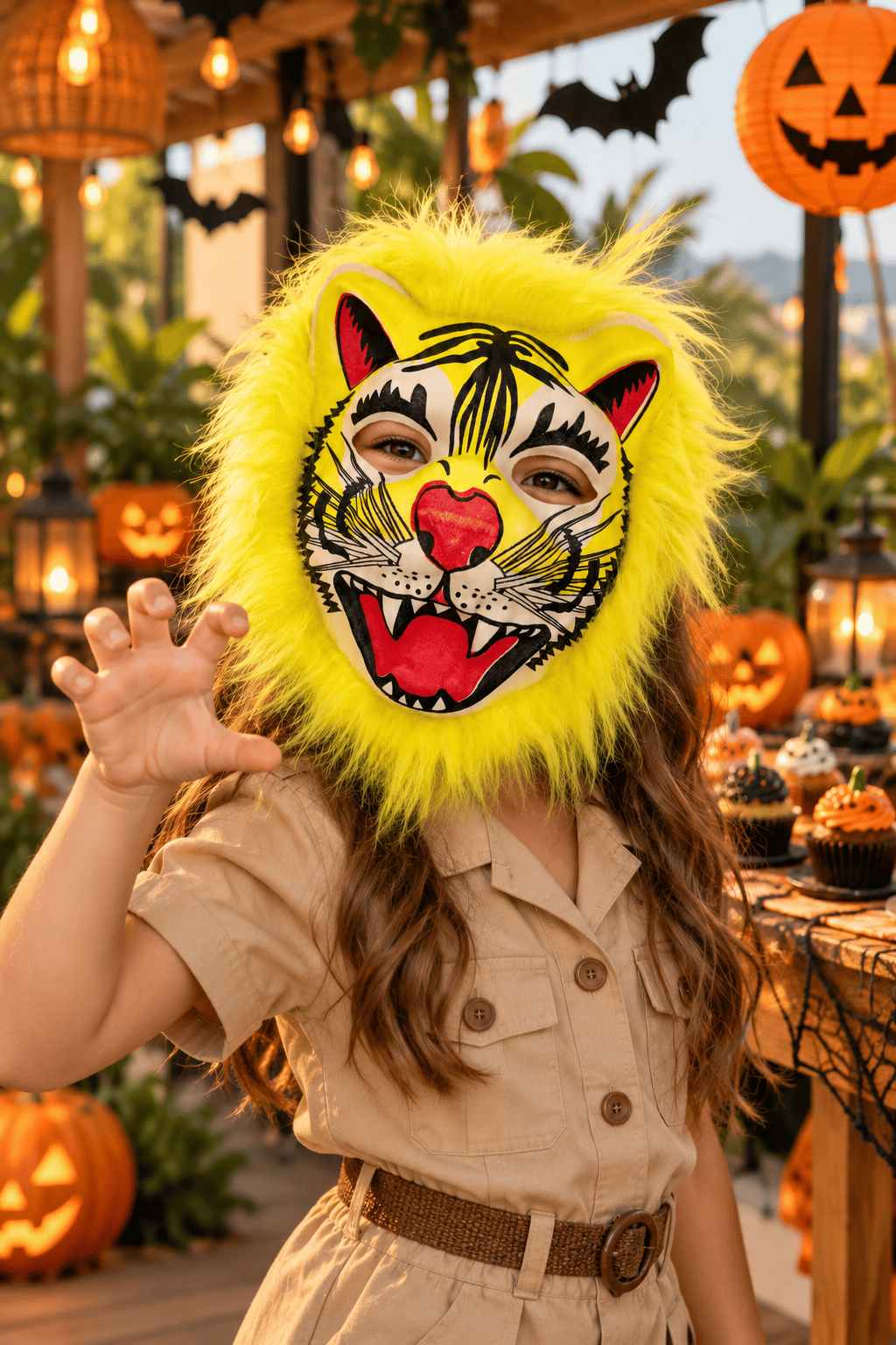 Halloween  Kahverengi Çocuk Hayvan Maskesi Tüylü Lastikli Safari Kostüm Maskesi