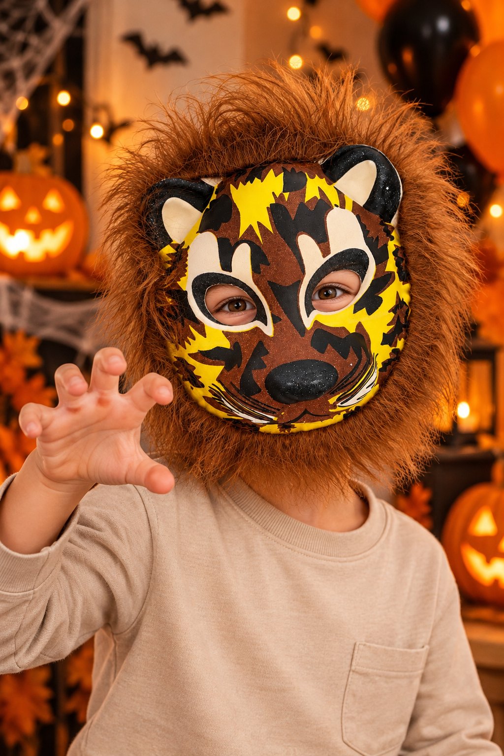 Halloween  Kahverengi Çocuk Hayvan Maskesi Tüylü Lastikli Safari Kostüm Maskesi