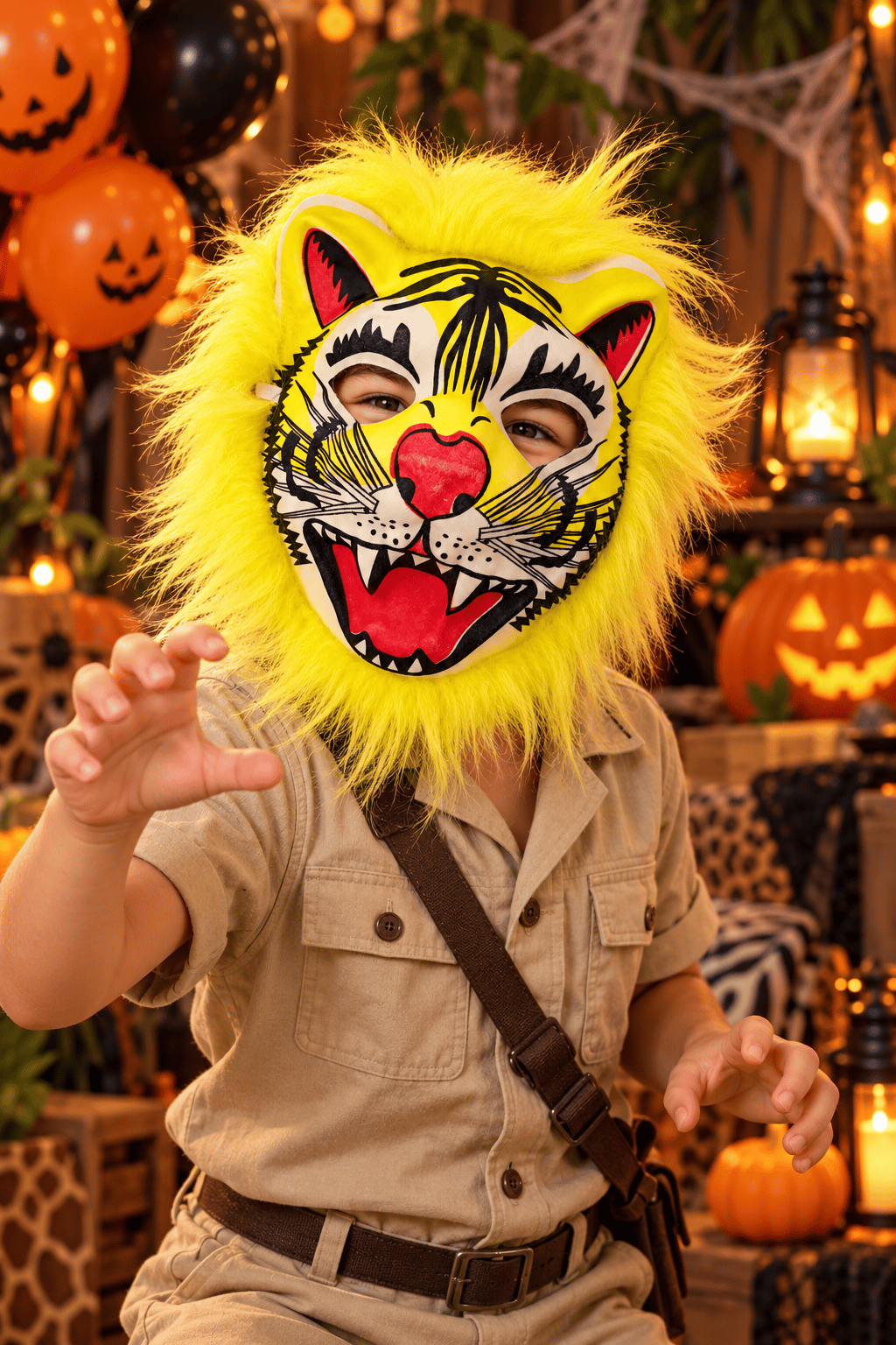 Halloween  Kahverengi Çocuk Hayvan Maskesi Tüylü Lastikli Safari Kostüm Maskesi