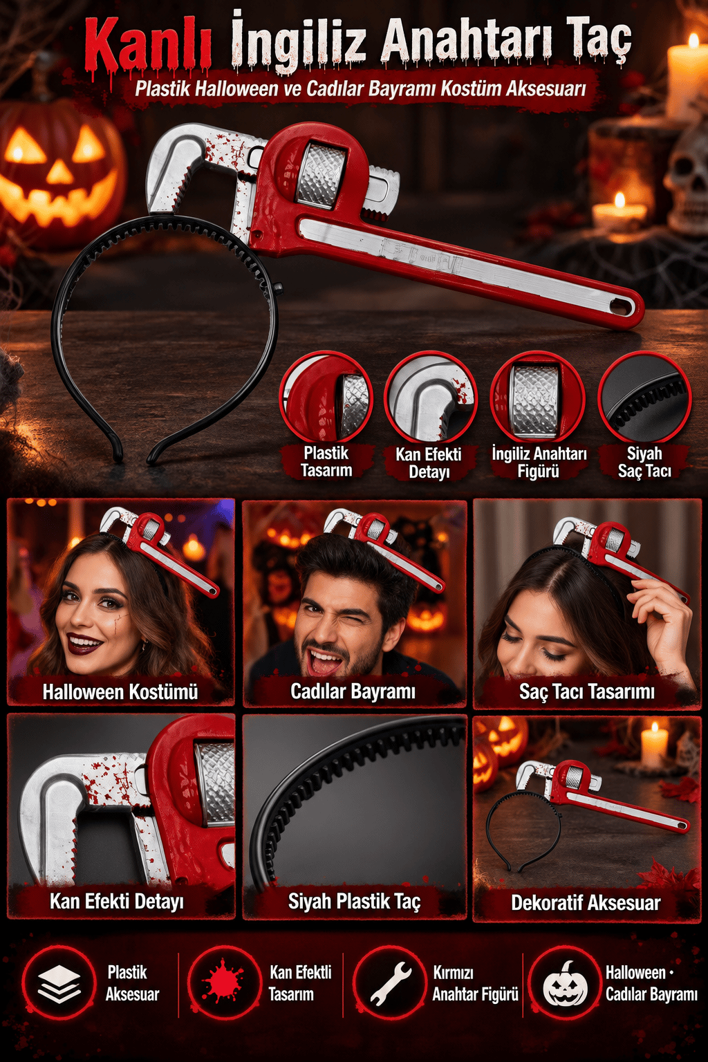 Halloween Kanlı İngiliz Anahtarı Taç