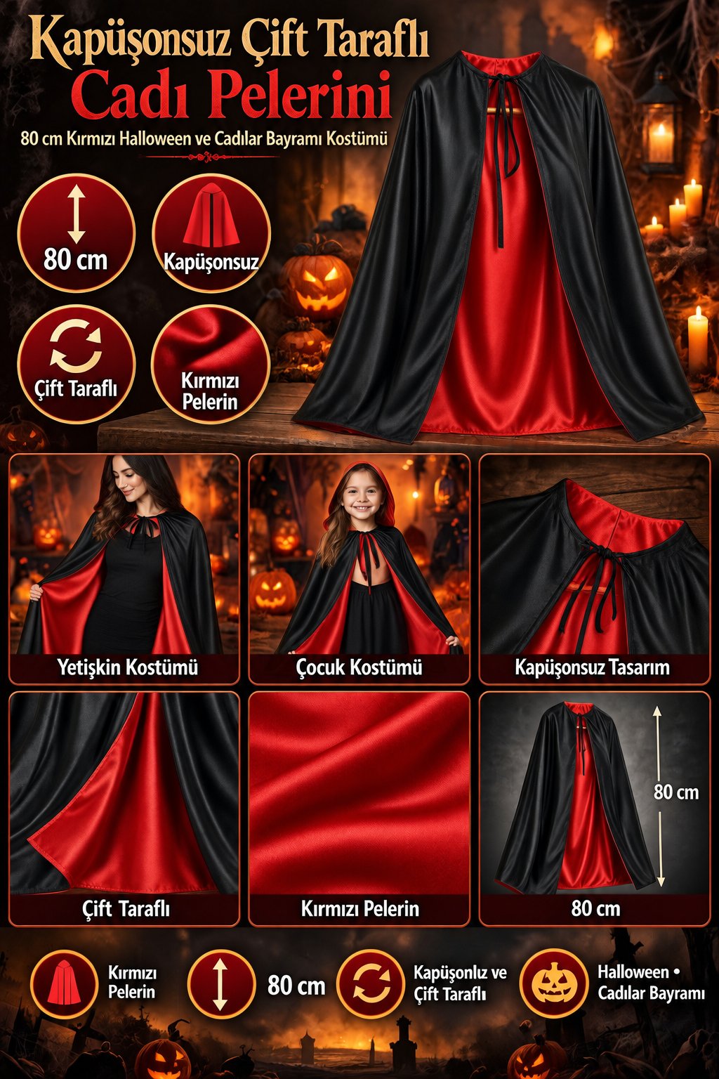 Halloween Kapüşonlu Çift Taraflı kırmızı 80CM Cadı Pelerini Yetişkin Çocuk