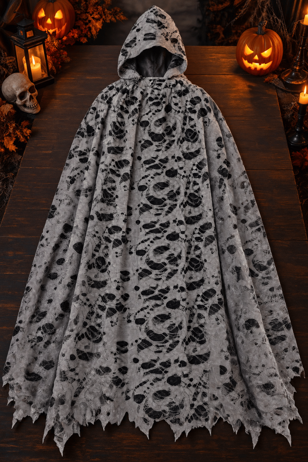Halloween Kapüşonlu Yırtık Görünümlü Gri 130cm astarlı