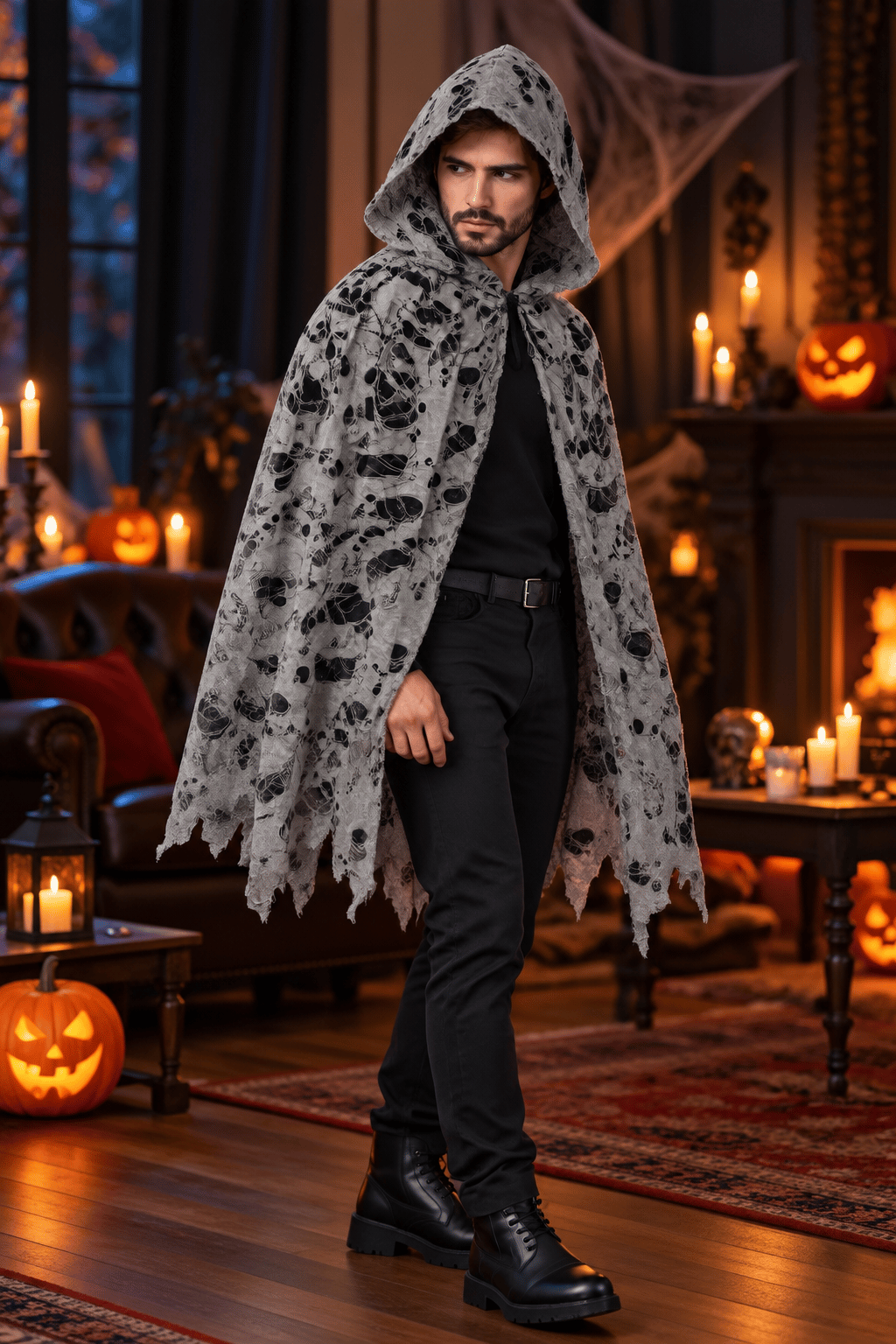 Halloween Kapüşonlu Yırtık Görünümlü Gri 130cm astarlı