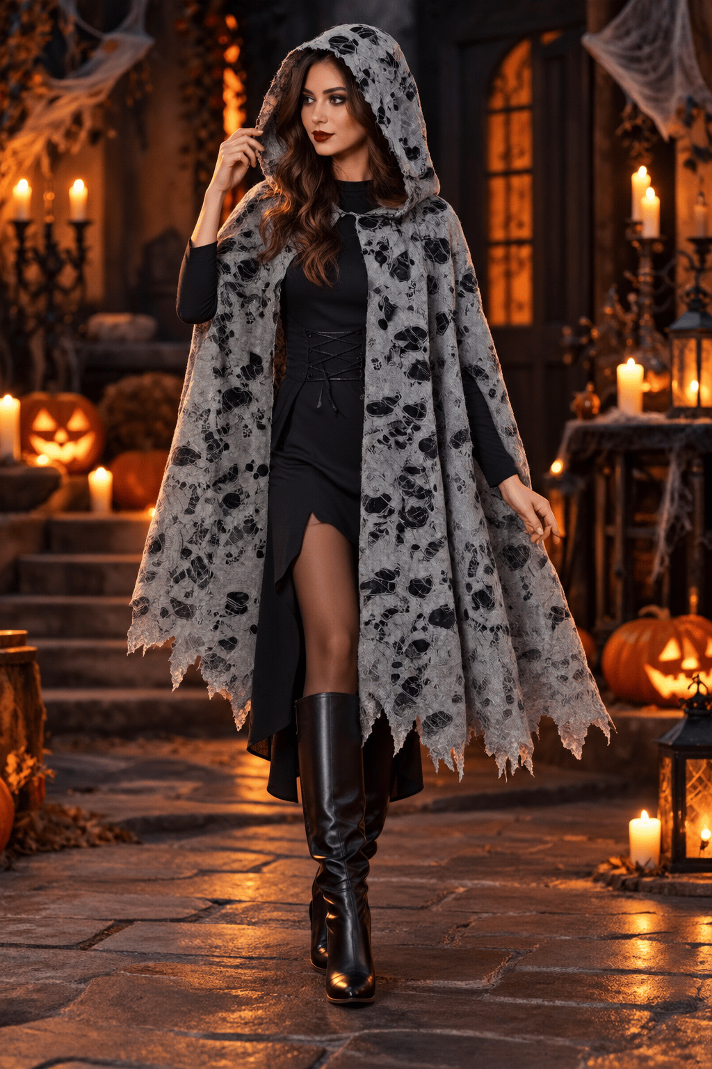 Halloween Kapüşonlu Yırtık Görünümlü Gri 130cm astarlı
